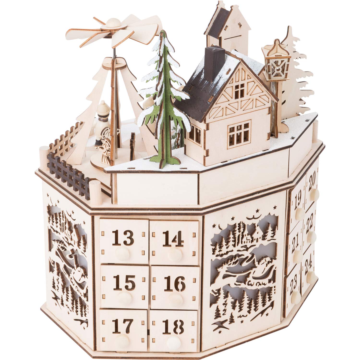 Small Foot Adventskalender mit Pyramide aus Holz, detailreich gestaltet mit Beleuchtung, mit 24 Schubladen, 10997, Natur