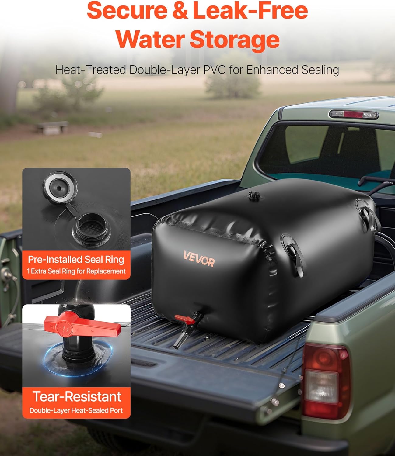 VEVOR Water Storage Bladder, 63.4 Gal Collapsible Water Storage Bag, Wear-Resistant 1000D PVC Soft Waters Bag, Leakproof Camping Tank Containers for Garden Irrigation RV Emergency Use, Black