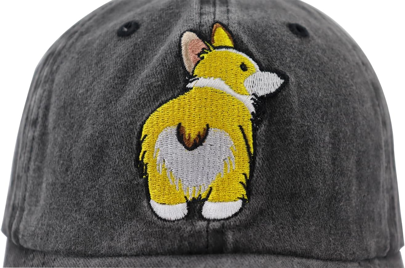 OASCUVER Embroidered Cute Corgi Hat, Distressed Cotton Washed Adjustable Denim Dog Mom Baseball Cap Black - Image 5