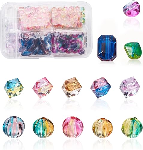 Craftdady 260 cuentas espaciadoras acrílicas transparentes coloridas corrugadas redondas de polígono cuadrado de dos tonos, pintadas en aerosol,