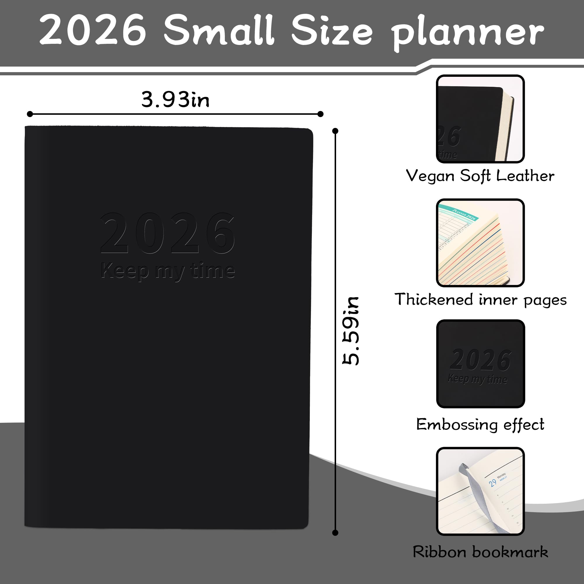 Kleiner akademischer Planer 2026, 14 x 9,9 cm, Hardcover, Wochen- und Monatskalender, weiches Leder, gebunden, niedlicher Planer, Ziel-, Gewohnheiten-Tracker, Organizer, Planungsbuch mit Registern