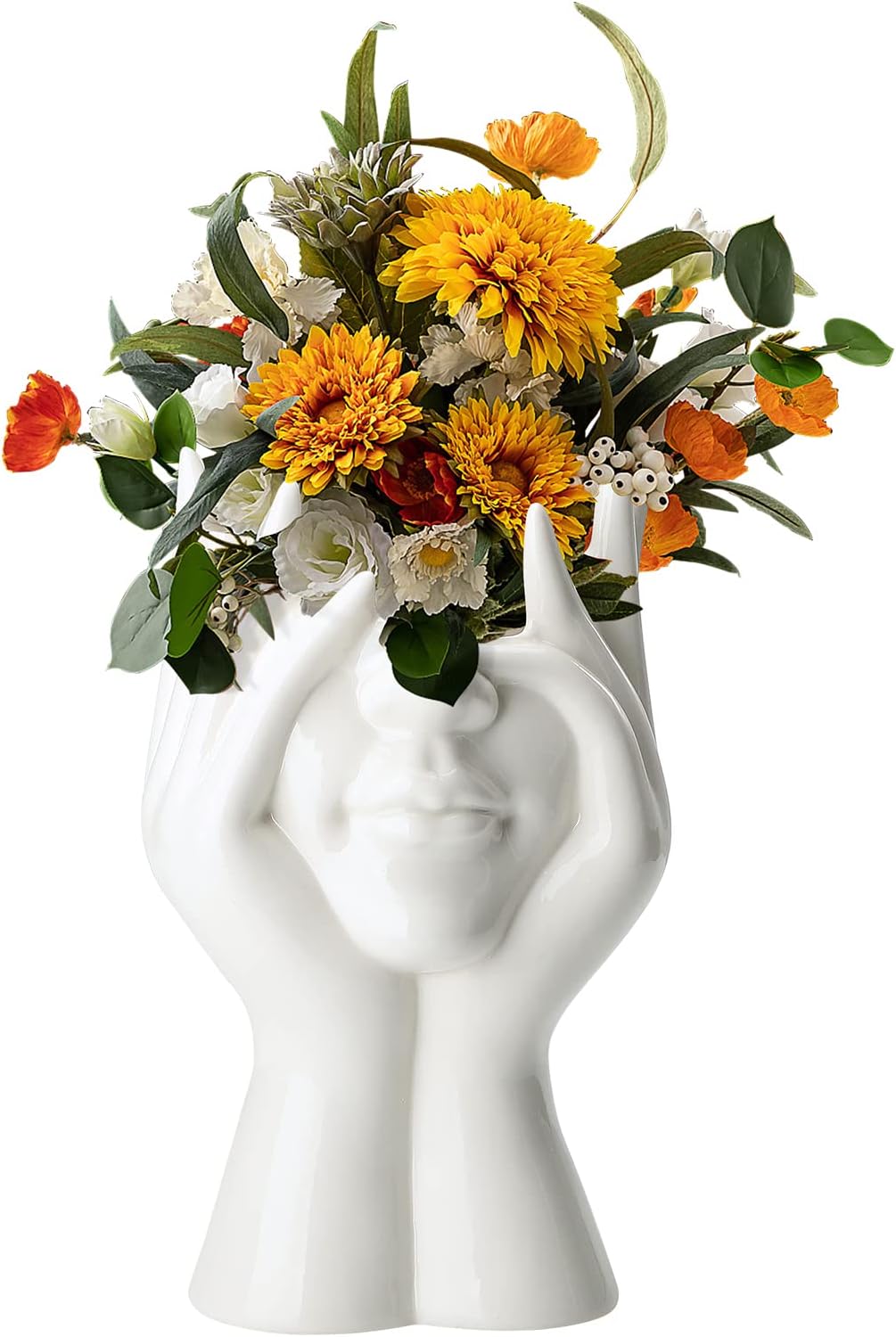 Half Face Ceramic Vase 8 Inch White Girl Head Vase, Modern Sculpture White Planter Pot for Home Living Room Office Table Centerpiece Decor
