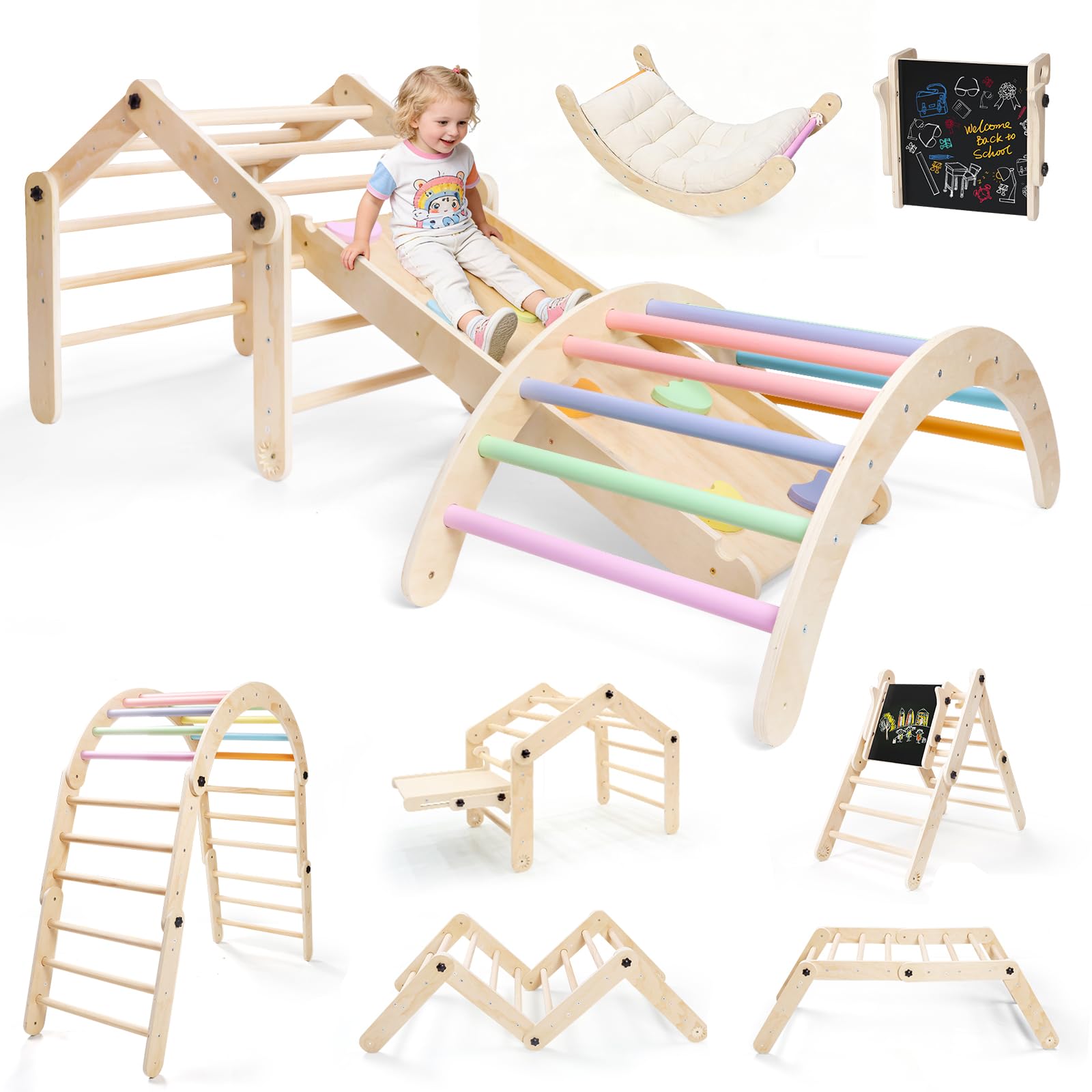 Montessori Indoor Spielset, 8-in-1 Verformbares Kletterdreieck ab 1 Jahr, Multifunktional klettergerüst Indoor mit Kletterbogen mit Kissen, Rutsche, Reißbrett, Spielplatz aus Natur Holz