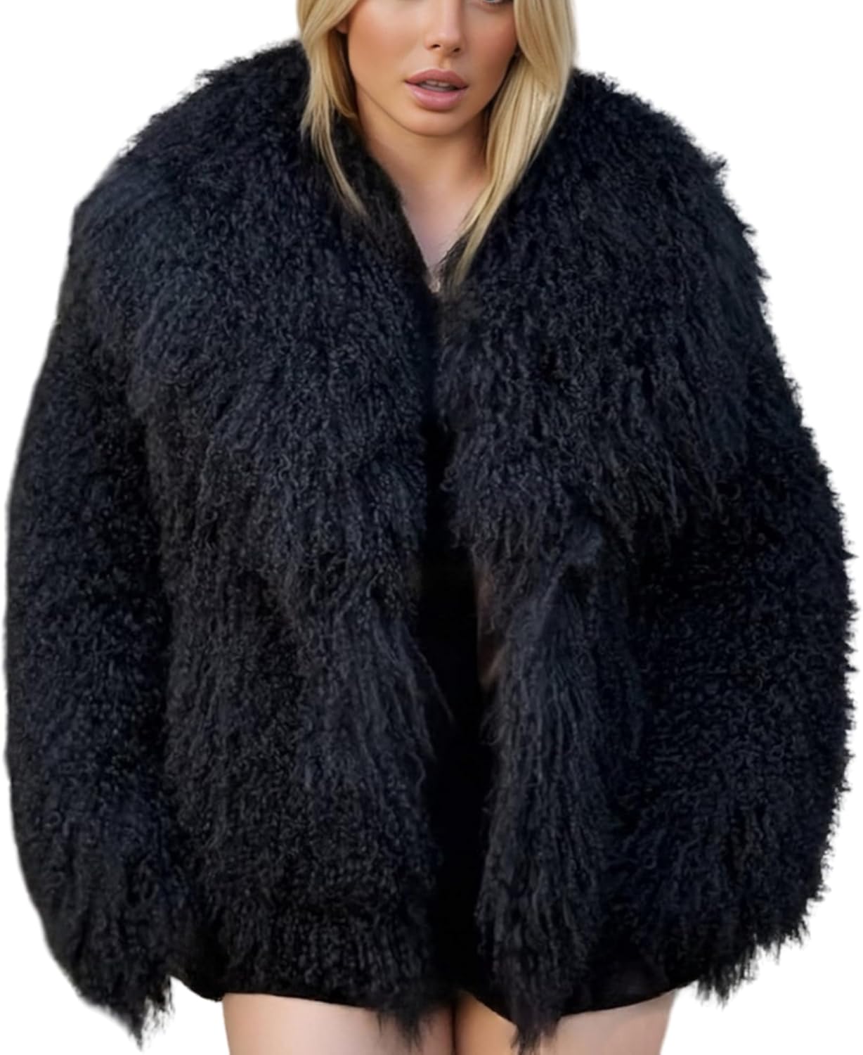 Women's Genuine Mongolia Sheep Fur Jacket Fluffy Cropped Sheep Fur Outwear