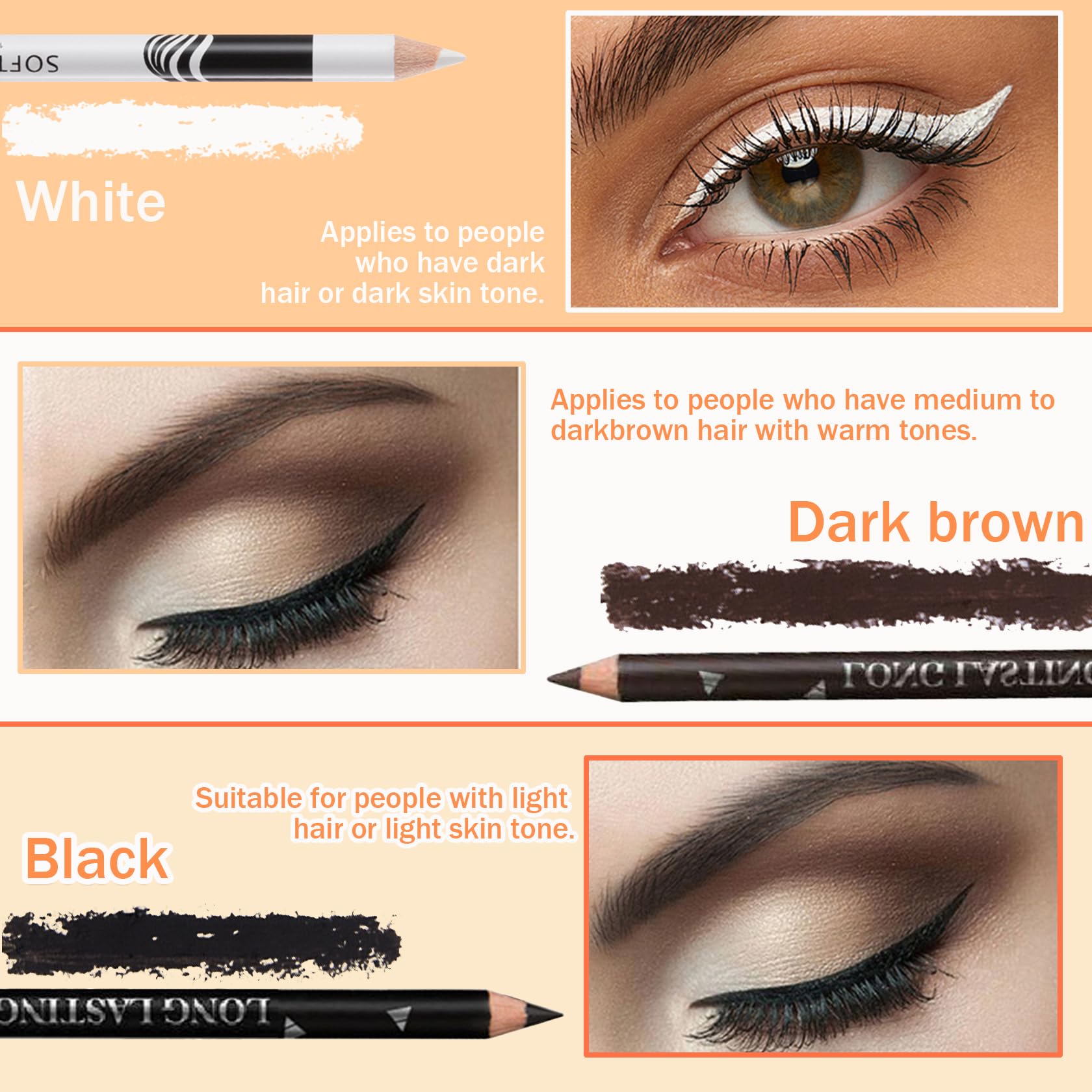 12 lápices delineadores de ojos, color negro, blanco, marrón oscuro, impermeable, a prueba de manchas, larga duración, mate, delineador, lápices de maquillaje, lápiz delineador de ojos de 5