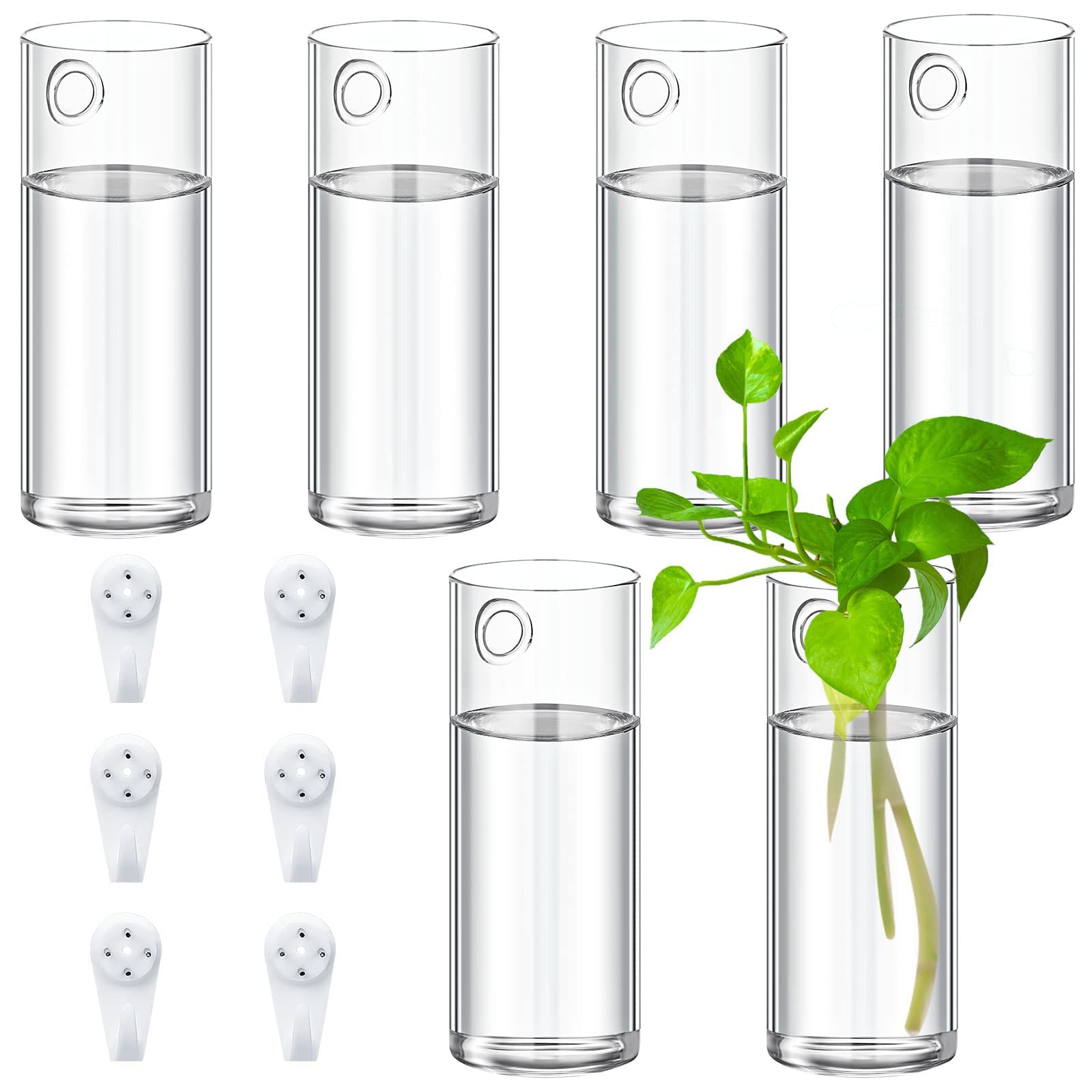 MAKINGTECGlass Wall Vase for Plants, 6PCS Wall Hanging Planters, Glass Plant Containers, Indoor Hanging Propagation Planter Container Holder, with Plastic Invisible Hangers, Hanging Glass Terrarium