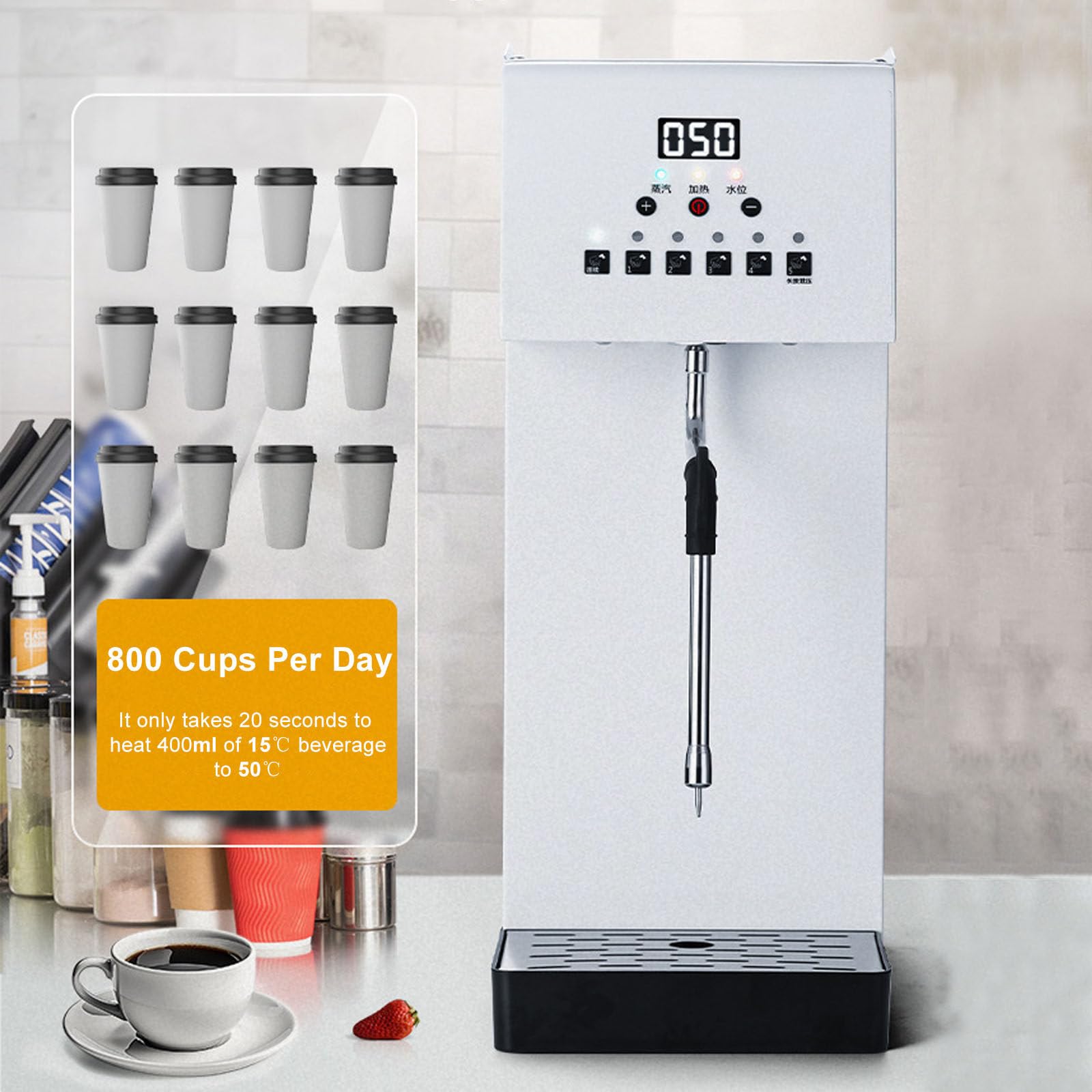 Espumador de leche eléctrico comercial de 2500 W con pantalla LED, tanque de acero inoxidable de 6 L y pulverizador de vapor de 360°.