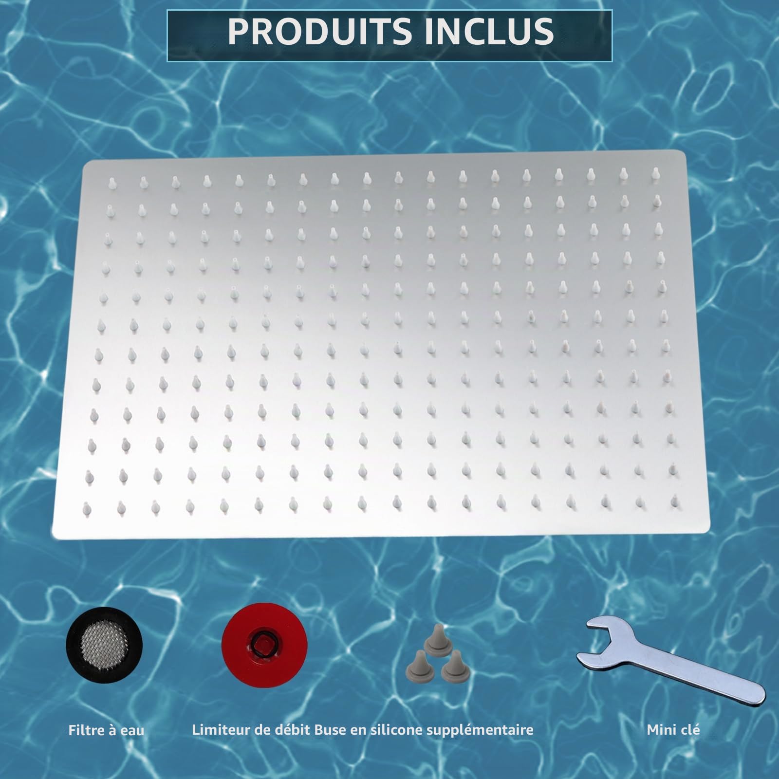 Pomme de douche rectangulaire extra large, 40 x 30 cm, en acier inoxydable à haut débit, couverture complète des cascades – Mise à niveau de luxe de la salle de bain (chromé)