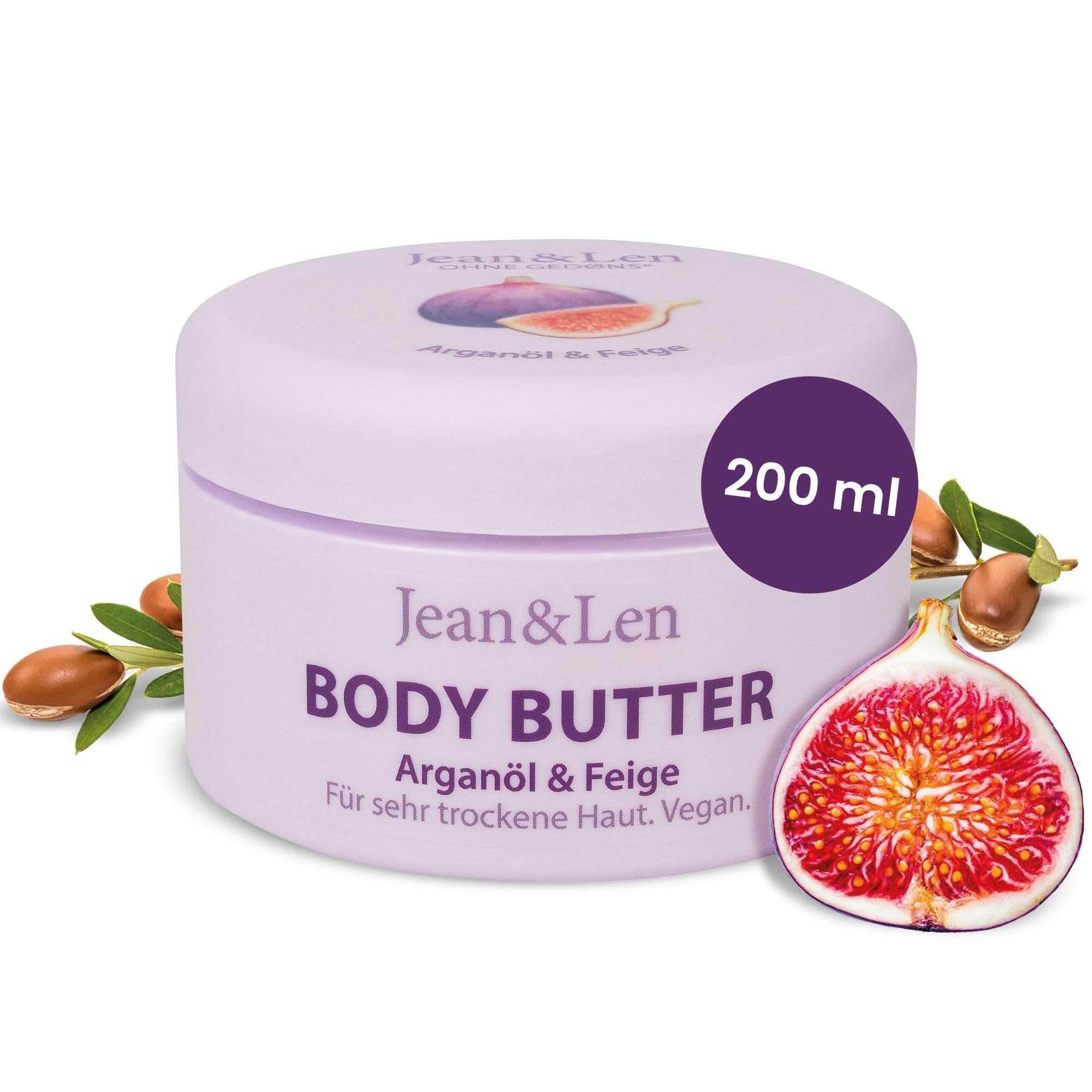 Jean & Len Verwöhnende Body Butter Arganöl & Feige, pH-hautideal, mit verwöhnendem Feigen-Duft, Körperbutter, ohne Parabene & Silikone, 200 ml (verpackung kann variieren)