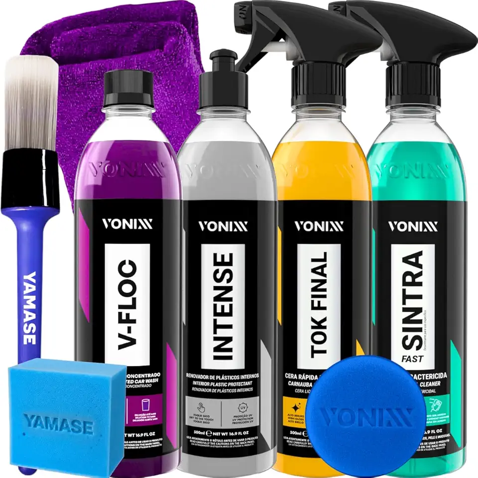 Kit Lavagem e Detalhamento Automotivo Vonixx | Shampoo V-Floc + Limpador Sintra Fast + Renovador Plásticos Intense + Cera Liquida Carnauba Tok Final 500ml + Aplicador Vonixx + Acessórios Yamase