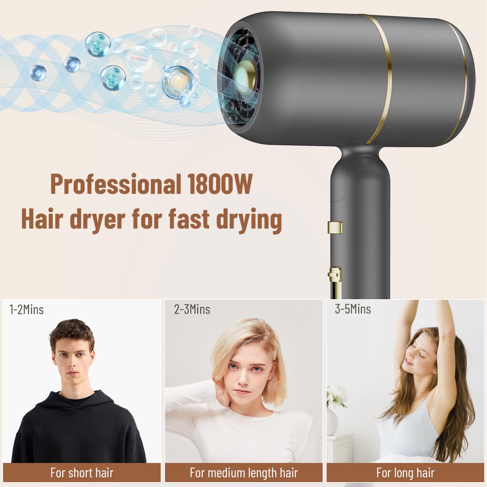 Sèche-Cheveux Pliable Moteur AC 2400W Ionique Anti-Frisottis | 3 Temp. + 2 Vit. + Air Froid | Diffuseur & Concentrateur | Silencieux Double Voltage