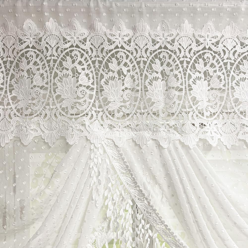 Elegant Floral Lace Waterfall Valance Curtains for Bedroom Luxury Sheer Valance Curtains for Living Room Victorian Style Swag Valance for Window Home Decor for Kitchen Rod Pocket (White,W75 L30 inch)