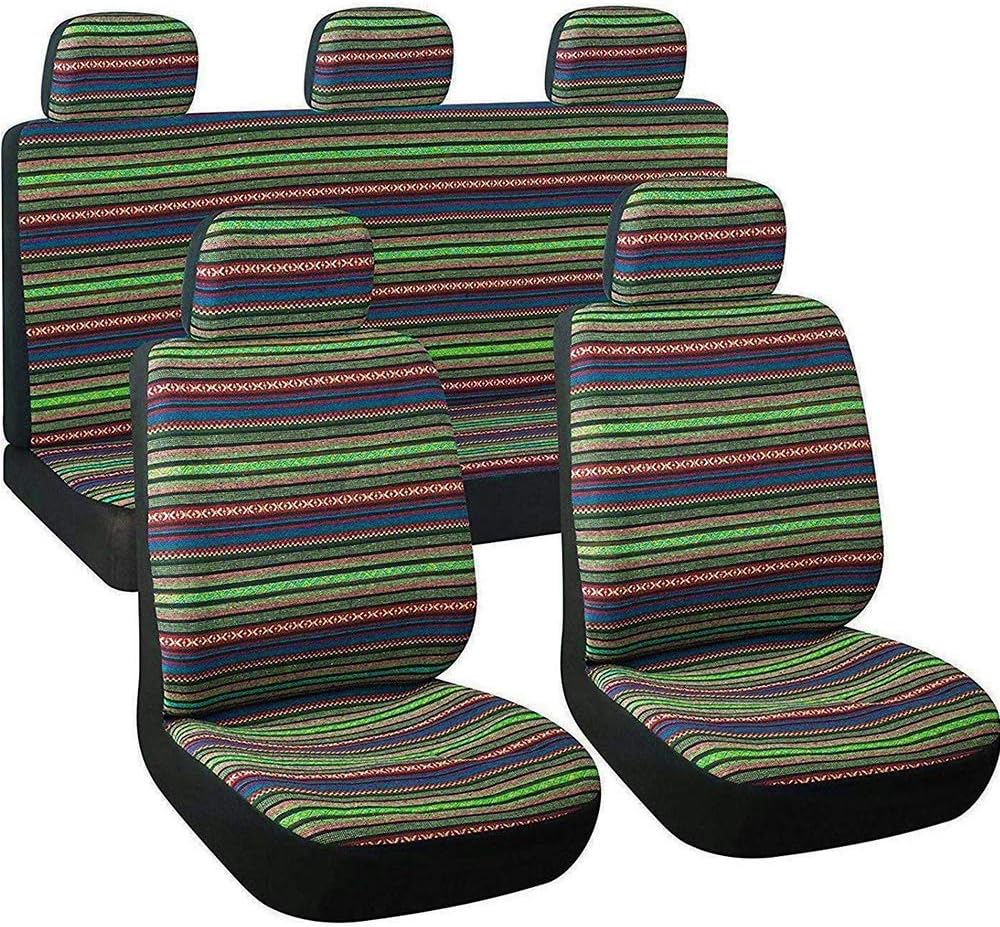 Autojoy Baja Seat Covers, 7pc Stripe Multi-Color Saddle Blanket Weave Universal Bucket Seat Cover,for Car,Vans,SUV(Green)