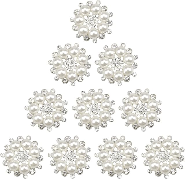 burkfeeg 10 Pcs Rhinestone Pearl Button Hair Pearl Embellishments Round Brooches Flower Button Craft Pearl Buttons for Hair, Crafts, Clothes Decoration