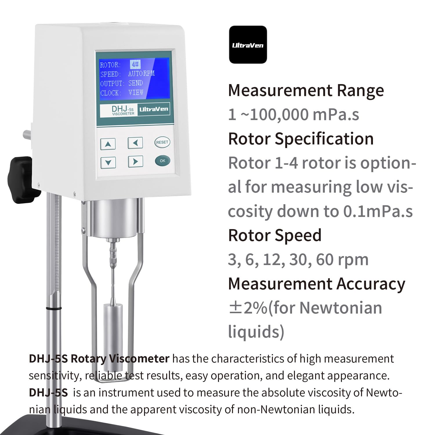 Rotary Viscometer,Digital Viscometer,Laboratory Viscometers,DHJ-5S,Measurement Range 1~100,000 mPa.s,Rotor Speed 3,6,12,30, 60 RPM,Measurement Accuracy 士2% for Newtonianliquids