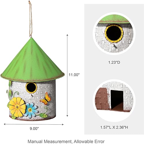 Miniatura 74 de Glitzhome Casas para pájaros para exteriores, casa de pájaros de madera maciza envejecida de gran tamaño de 15 pulgadas de largo con flores 3D