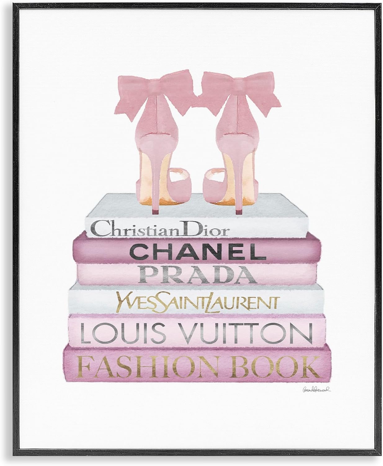 Stupell Industries Fashioner Shoes Bookstack Pink White Watercolor, Design by Artist Amanda Greenwood Wall Art, 11 x 14, Black Framed
