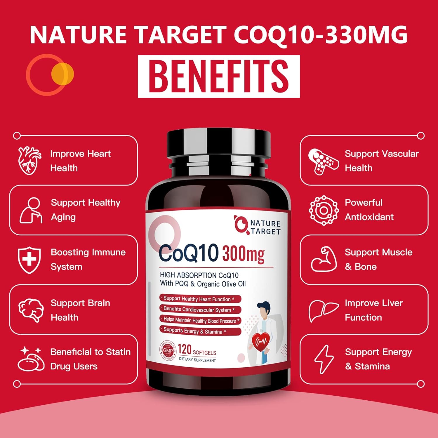 NATURE TARGET CoQ10-300mg-Softgels + PQQ with Organic-Olive-Oil - High Absorption-Coenzyme-Q10 - Antioxidant-for-Heart-Health and Immune Support, Energy Production, 120 Servings - Image 6
