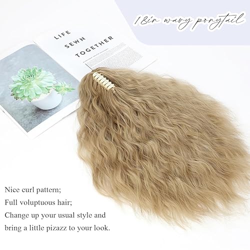 Miniatura 5 de Yekartary Extensión de cola de caballo con clip de garra para mujer, 18 pulgadas de largo, ondulado, multicapa, pelo sintético esponjoso, mezcla de