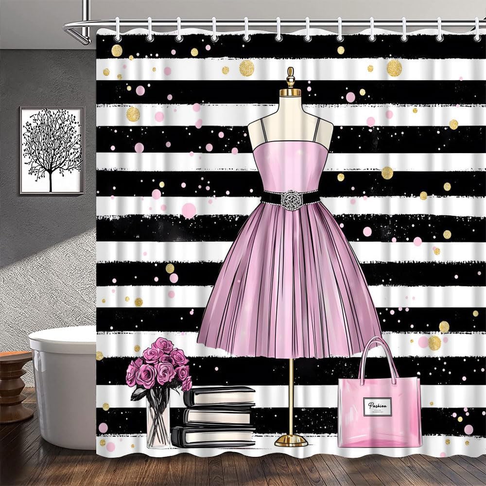 Fashion Girly Dresses Shower Curtain Pink Floral Black and White Stripe Magazines Romantic Makeup Themed Bathroom Decor Polyester Fabric Curtains with Hook 80Wx70H Inches