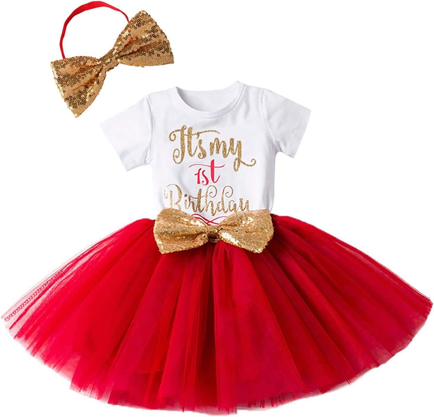 IWEMEKNewborn Baby Infant Toddler Girls It's My 1st/2nd Birthday Cake Smash Shiny Printed Sequin Bow Tutu Princess Bowknot Dress 1st Christmas Outfit Dress with Headband