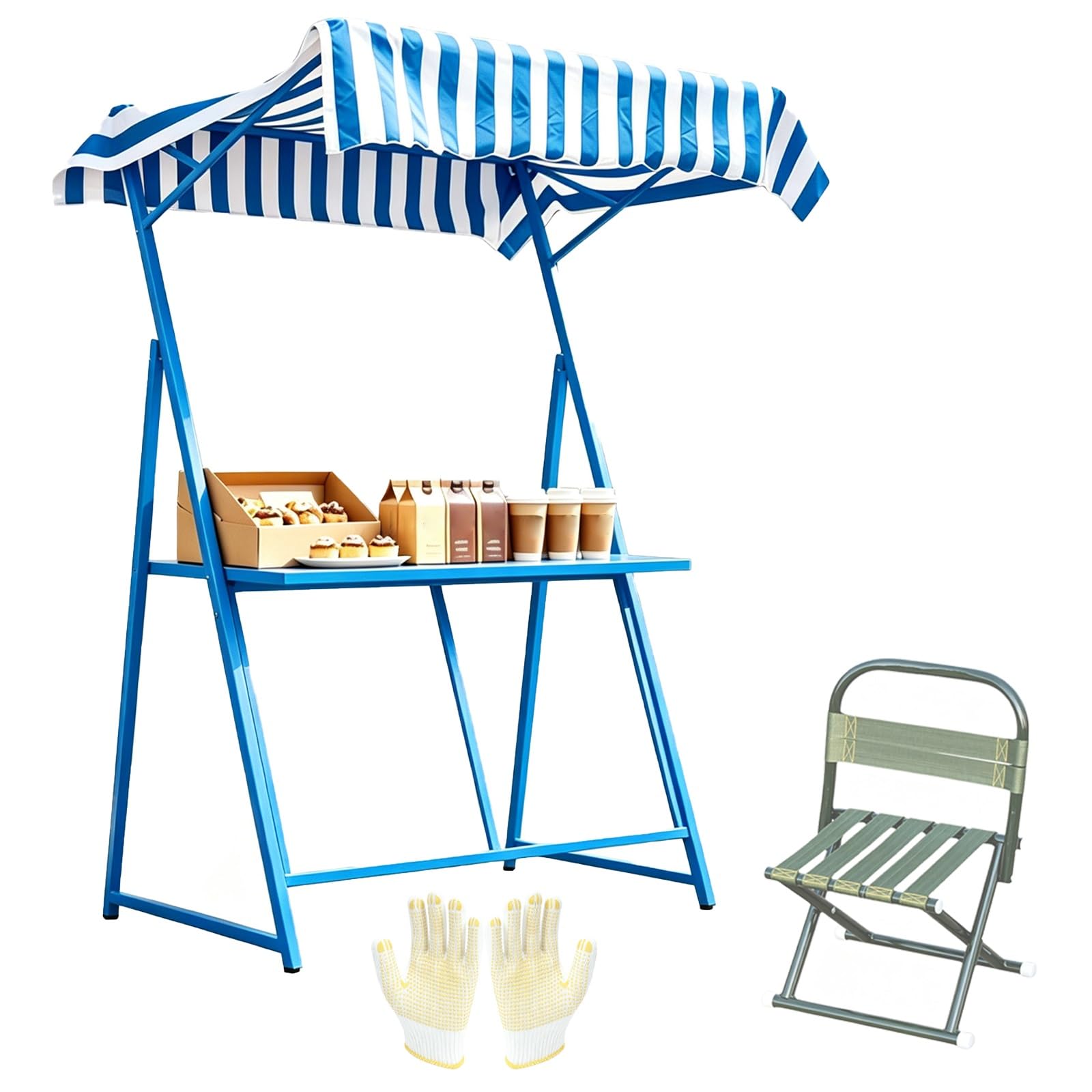 Carrello Venditore Portatile con Tenda e Sedia, Banco Commerciale per Mercato All'aperto, Chiosco Alimentare per Eventi e Barbecue(Red)