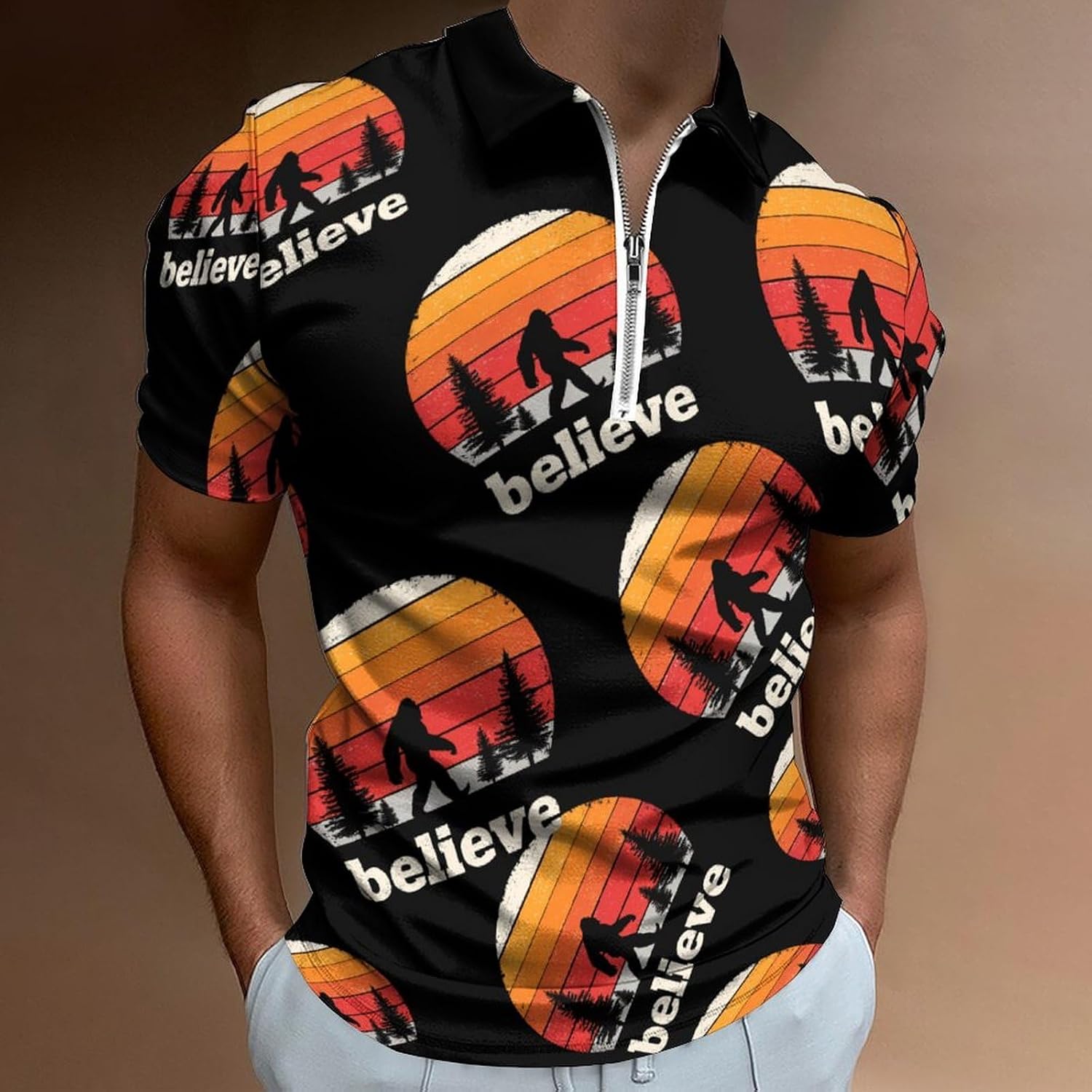 Vintage Bigfoot Sasquatch Men's Polo Shirts Golf Short Sleeve Tops | Casual Workout,Golf T-Shirt,Zippered Tee,Collared,Print