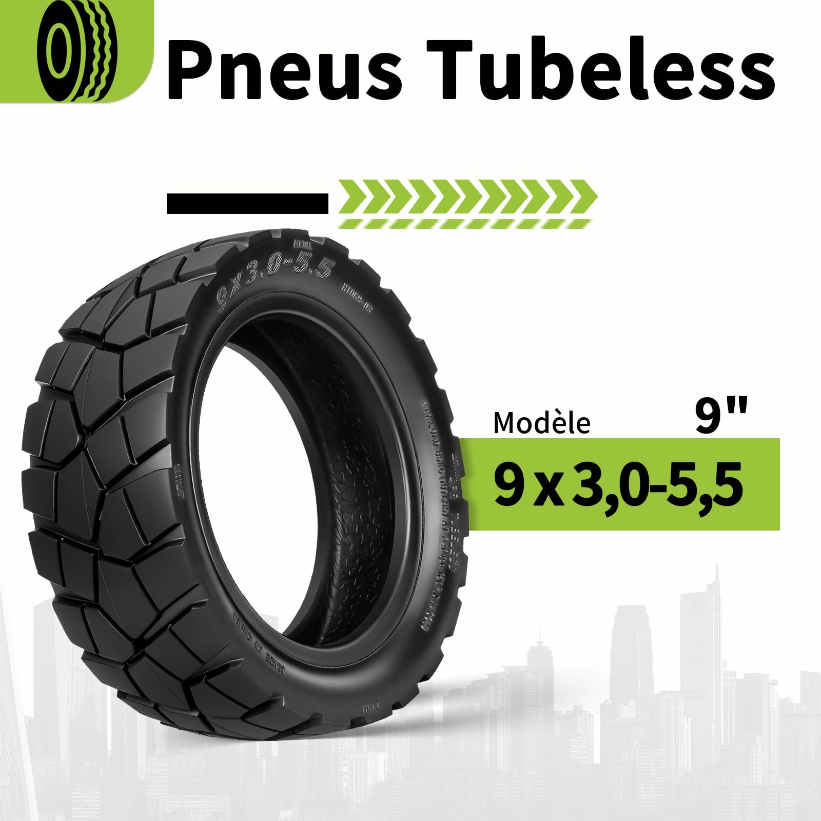 Pneu 9x3.0-5.5 sans Chambre à air pour Kukirin G2 Pro (Nouvelle Version) Trottinette électrique 9 Pouces Pneu de Rechange Avant/Arrière (Noir-2 Pièce)