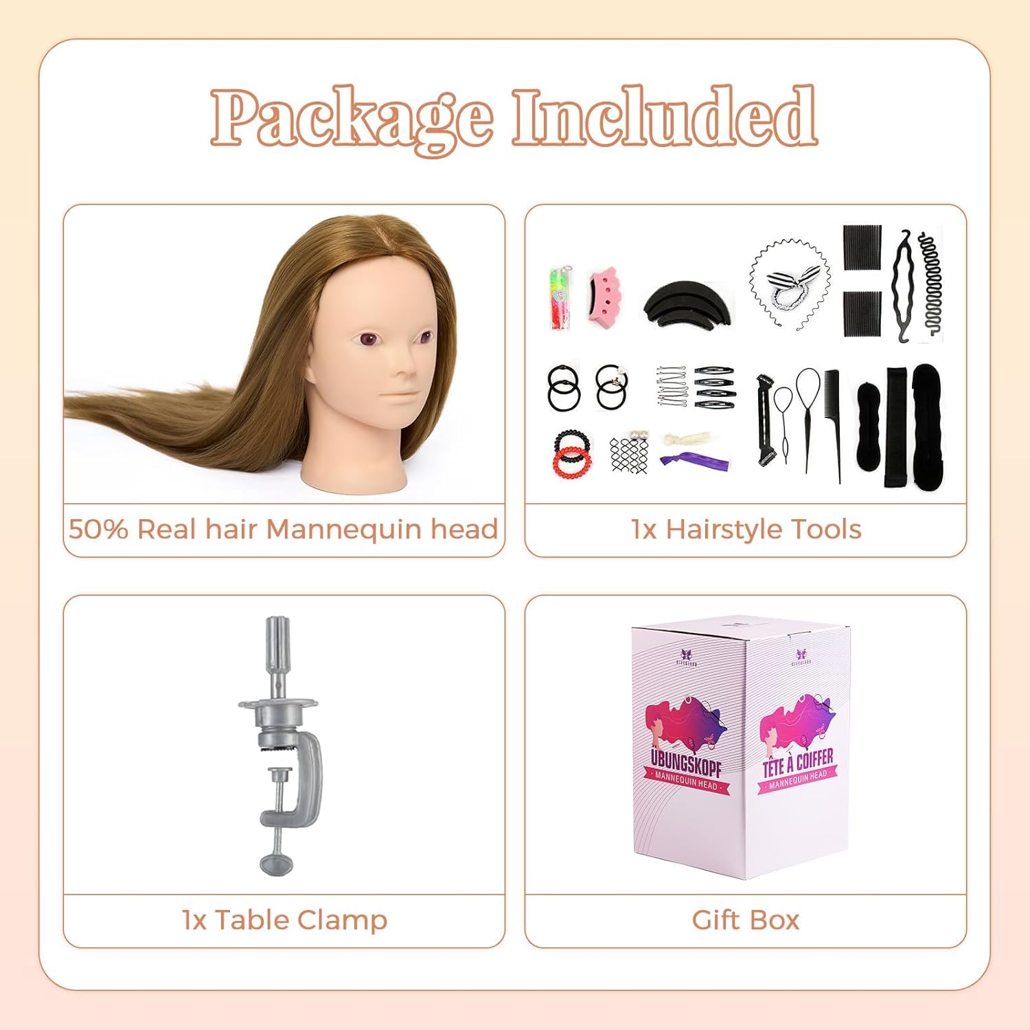 Neverland Cabeza de Peluqueria 24" 50% Pelo auténtico Cabeza Para Peinar Cabeza Maniqui Peluqueria Maniquí Muñeca para Peluquería con Soporte + Accesorios de Peinado DIY