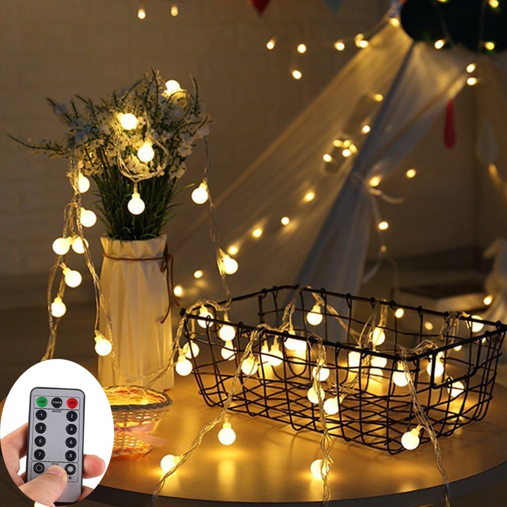 LED string lights, Kolier LED, warm white, battery operated, with Remote Control, decorative, timer, globe LED string lights for Christmas, weddings, Halloween, indoor or outdoor, 5m, 5m, twist cap