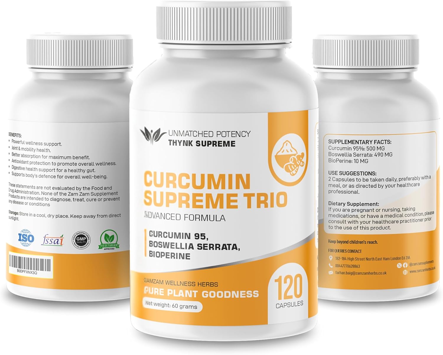 Curcumin Supreme Trio with 95% Curcumin, Boswellia Serrata & BioPerine® | Natural Joint, Mobility & Immune Support | Anti-Inflammatory Turmeric Supplement | 120 Vegan Capsules
