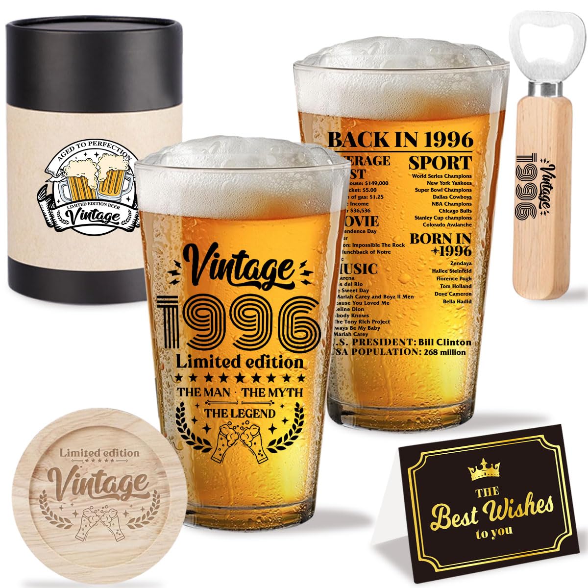 FBCCZEY Funny 30 Year Old Birthday Gifts for Men Vintage 1996 Beer Drinking Glass Happy Anniversary 30th Birthday Party Decorations for Him 30th