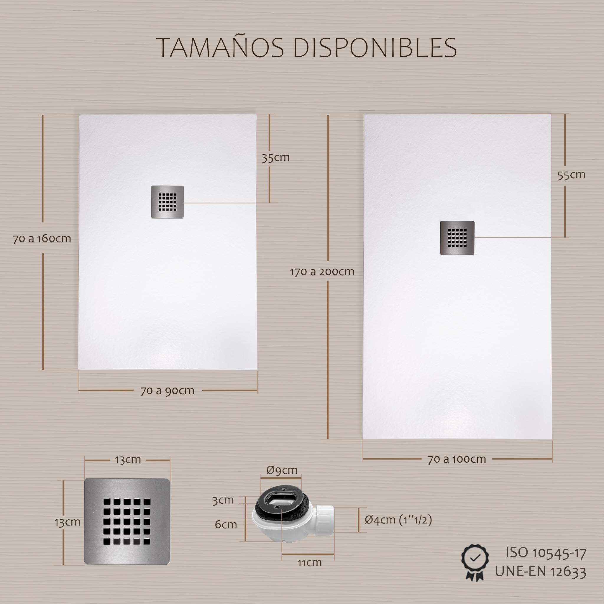 Plato de Ducha Antideslizante 70x160cm - Plato Ducha Resina Resistente a Agentes Químicos - Plato Ducha Antibacteriano - Incluye Rejilla Desagüe Ducha y Válvula Sifón - Color Beige