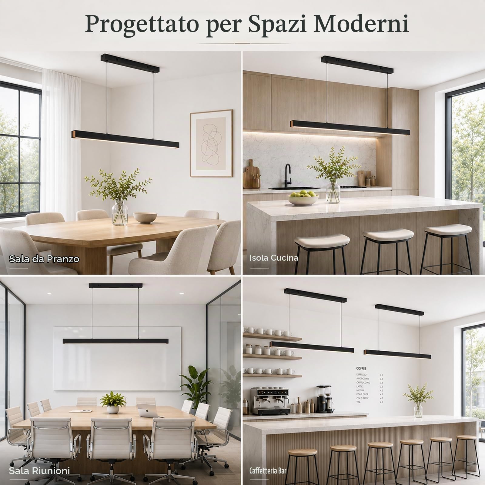 Lampadario LED Sala da Pranzo, Effetto Legno, Telecomando & App, Nero,150CM | Design Lineare, 3 Colori di Luce, Dimmerabile, Altezza Regolabile, 52W/3600lm, Sala da Pranzo, Cucina, Soggiorno, Ufficio