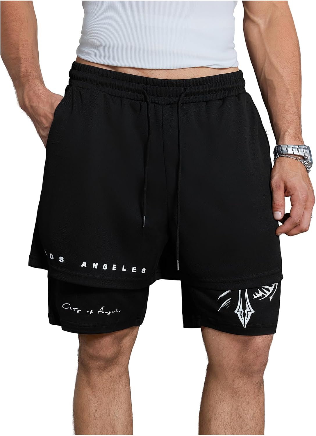 VIPWOLF Men's Graphic Shorts with Liner Y2k Cross Print Drawstring 2 in 1 Gym Workout Athetics Track Bottoms Streetwear