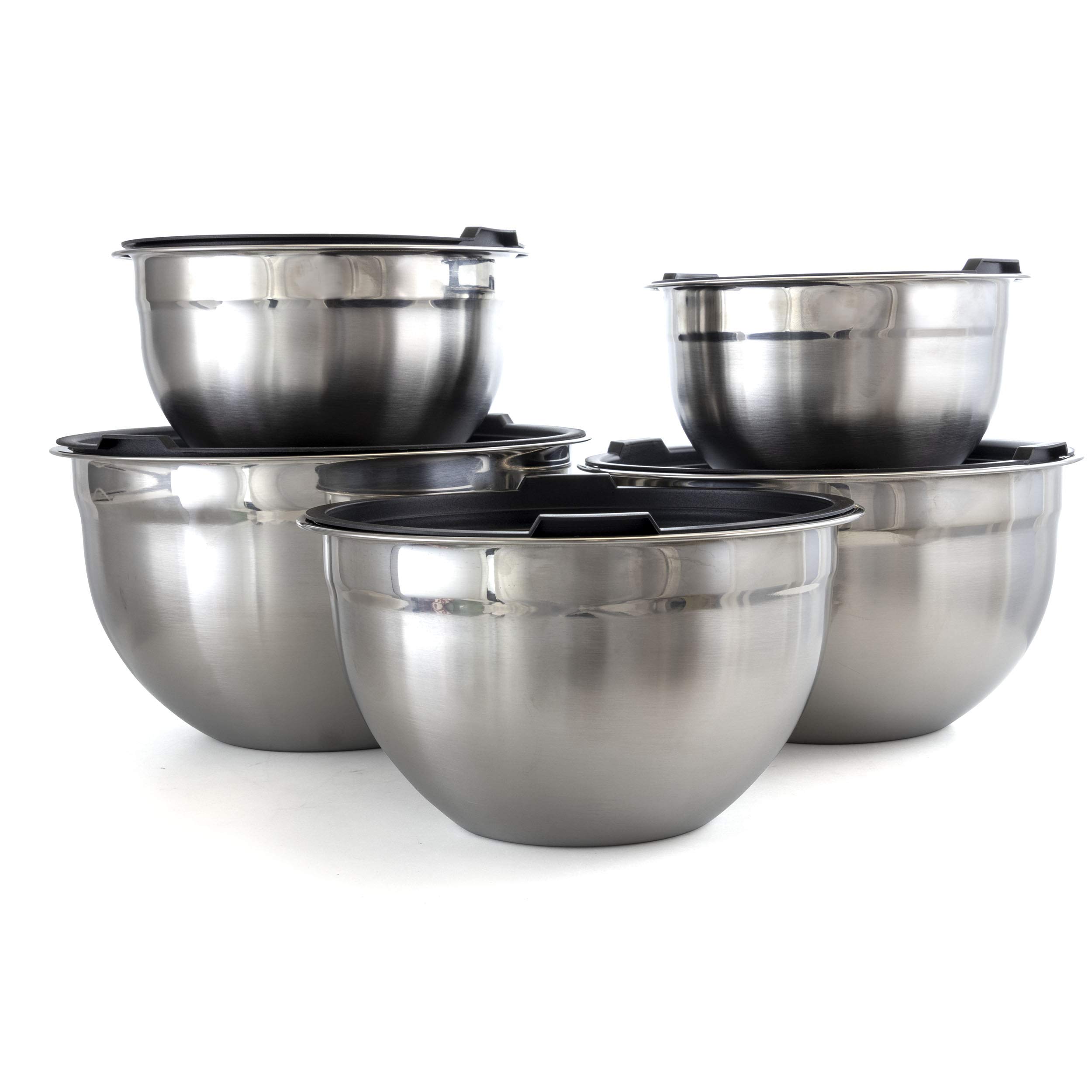 Megachef Rührschüssel-Set mit Deckel, stapelbar, 5-teilig, verschiedene Größen, Silber Chrom