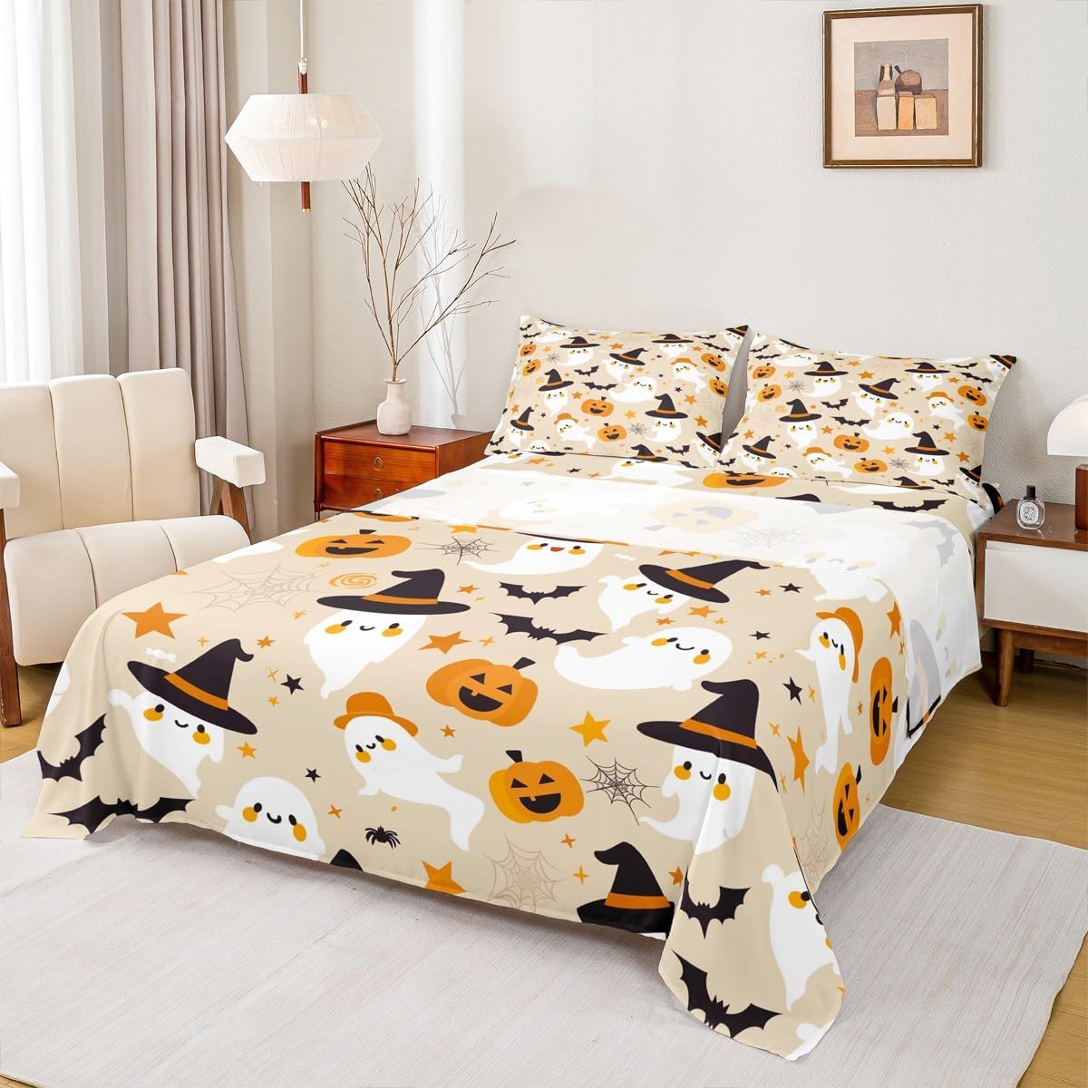 Feelyou Halloween 4 Pieces Sheet with 16 Inch Deep Pockets King Size Kids Cartoon Ghosts Bedding for Boys Girls Teens Pumpkin Bed Sheets Set Bats Beige