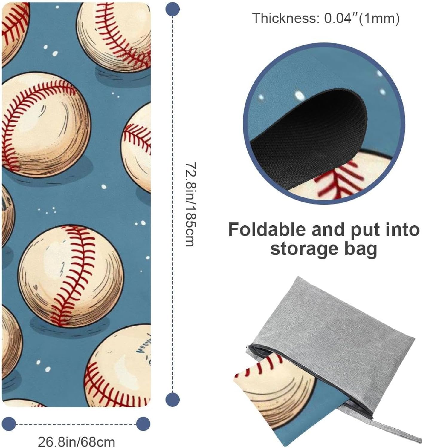 Yoga Towel, Baseball Pattern Non Slip Sweat Absorbent Hot Yoga Mat Towel for Hot Yoga, Pilates and Fitness - 72.8" x 26.8"