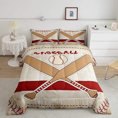 Erosebridal Juego de edredón de béisbol para niños y niñas, juego de ropa de cama vintage de juego de pelota, tamaño individual, relleno de edredón