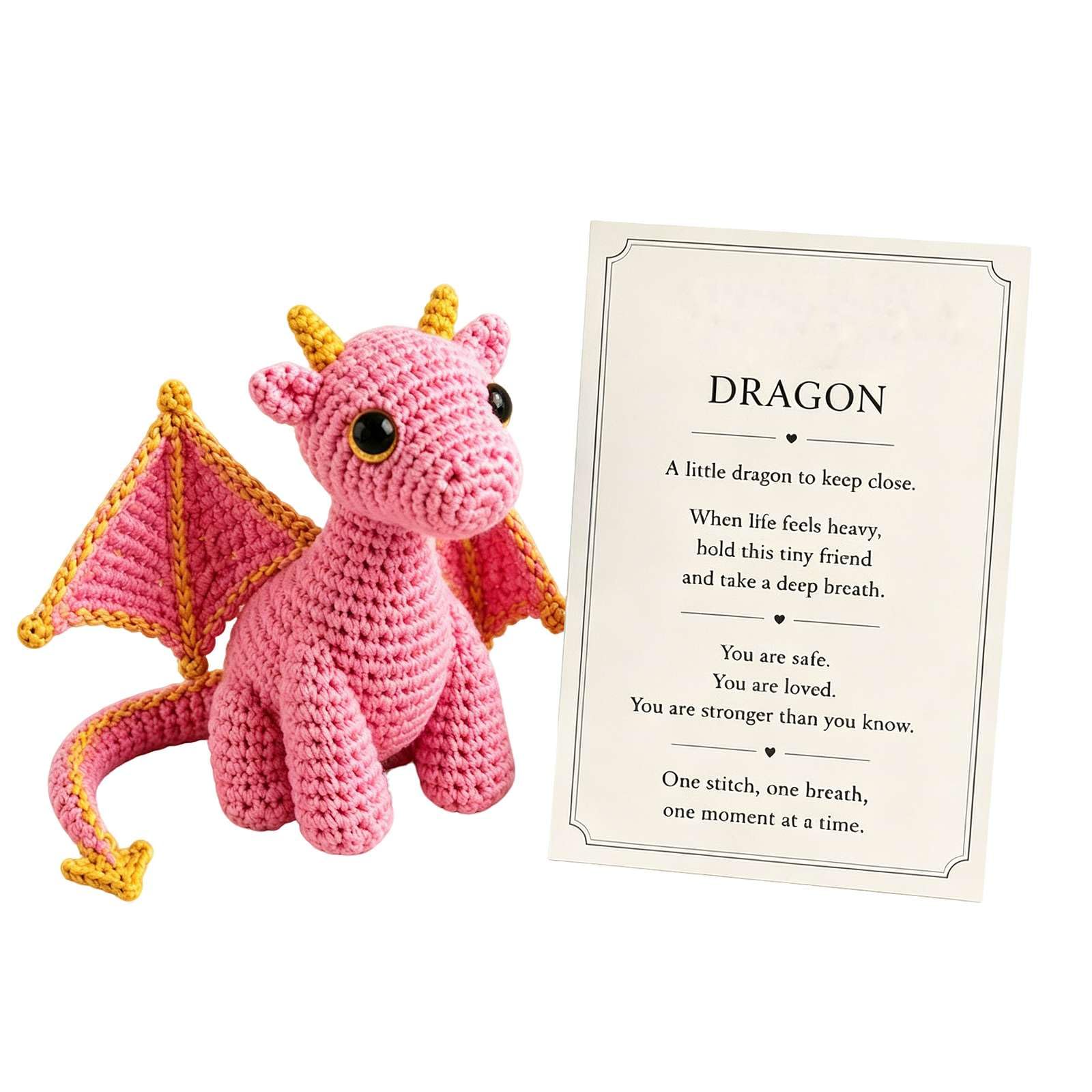 Crochet Dragon Stuffed Animal, Emotional Support Dragon With Card (Pink)