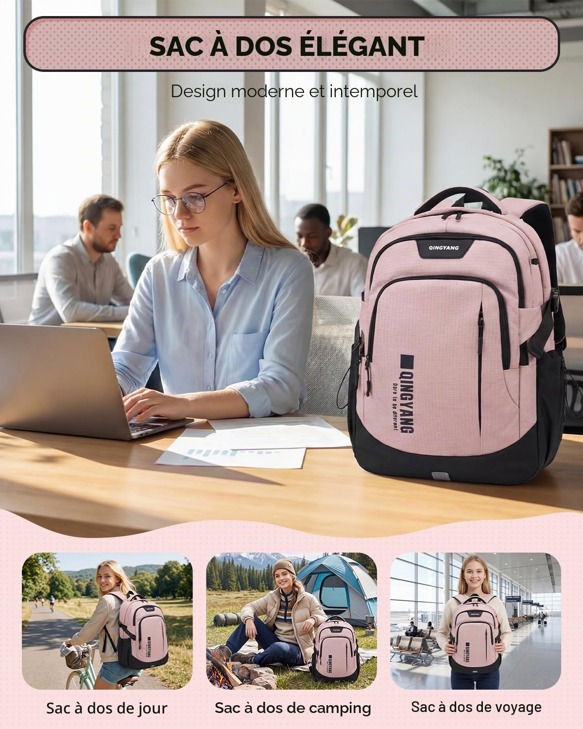 Sac à Dos pour Adolescents Filles - Grand Cartable Fille Respirant de 32L pour le College Lycée et Universités - Sac a Dos Loisirs Tendance pour Portable 15.6", Rose