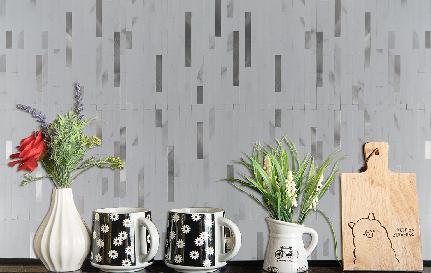 XUANINY Peel and Stick Backsplash for Kitchen Bathroom, Self Adhesive PVC Stone Grain Tiles Subway 3D Wall Sticker(10 Sheets) (10, White Stone + Frosted Silver)