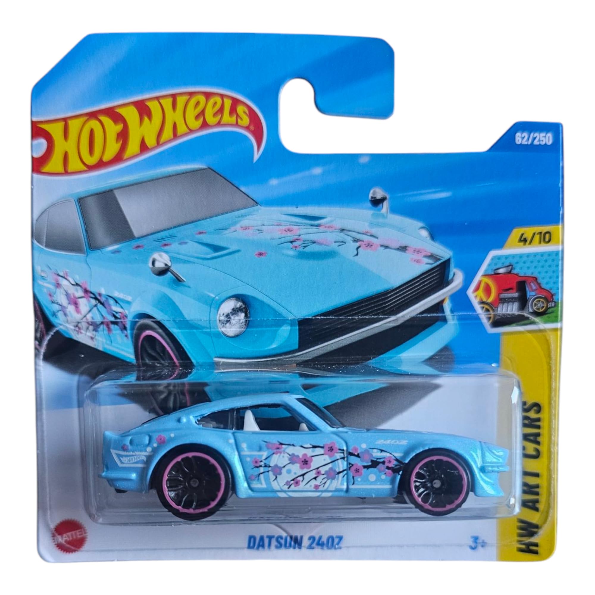 Hot Wheels Datsun 240Z, Cherry Blossom Design, Blue with Pink Rims, 62/250 Collection, Light Blue With Cherry Blossom Design