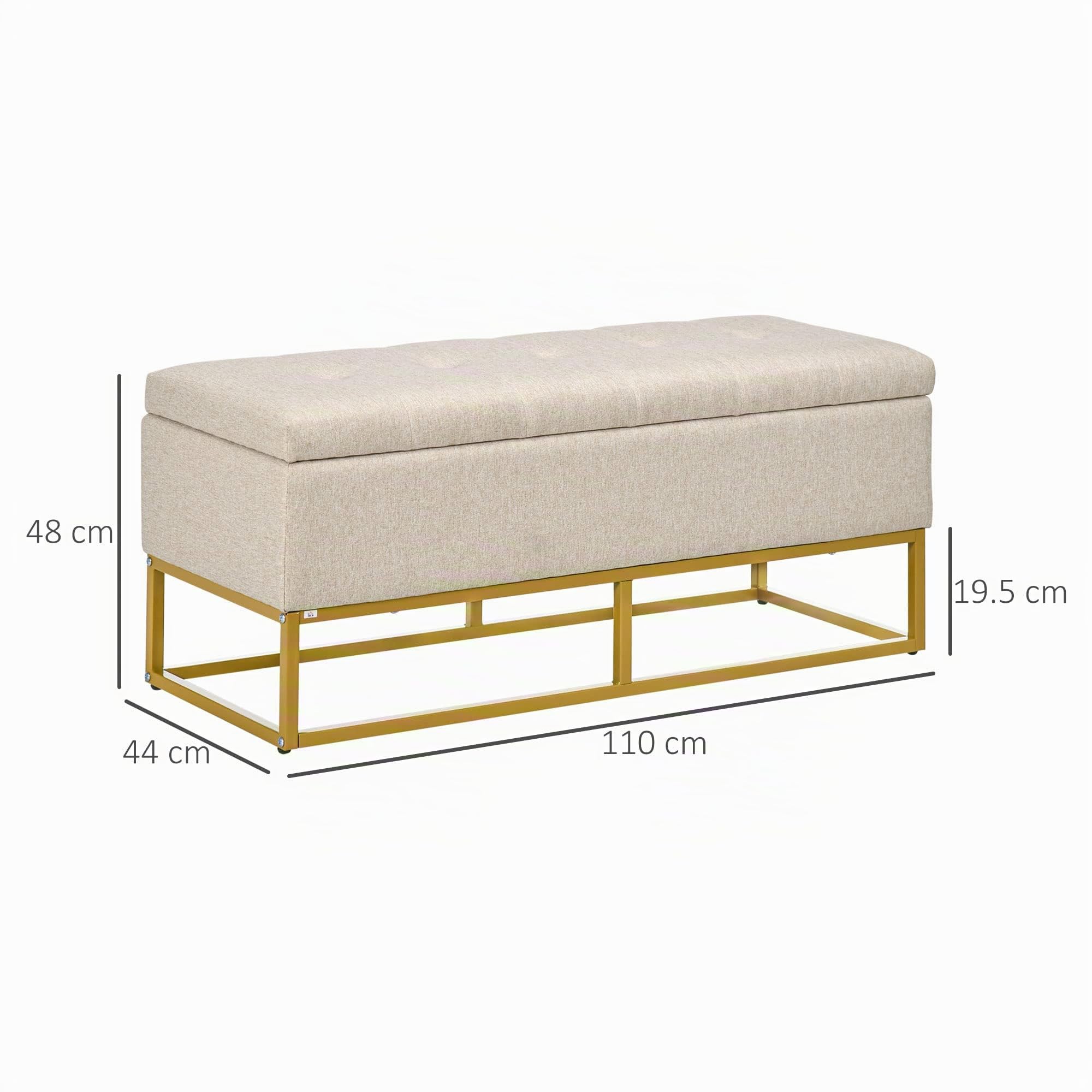 HOMCOM Panca Contenitore Rettangolare con Seduta Imbottita e Gambe in Acciaio, Pouf Poggiapiedi in Tessuto Effetto Lino per Camera da Letto e Soggiorno, 110x44x49 cm, Beige