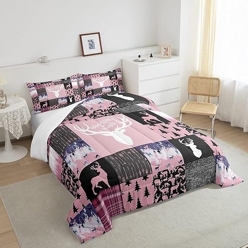 Miniatura 4 de Erosebridal Juego de edredón de alce de granja para niños y niñas, juego de ropa de cama de boceto de ciervo rosa, relleno de edredón de alce