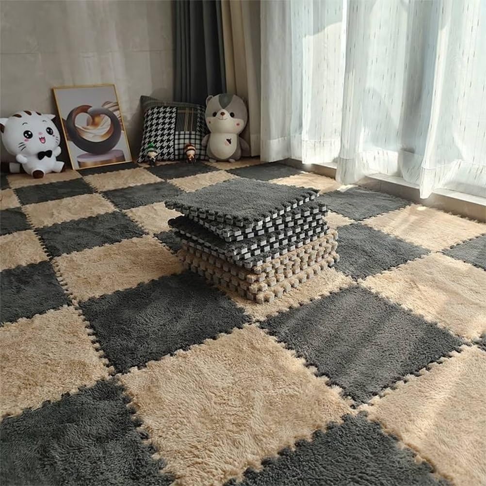 12 X 12 X 0.4 Inch, Two Colors Interlocking Carpet, Tiled Puzzle Play Game Mats with Border, Shaggy Soft EVA Foam Mats, Protective Floor Tiles for Children Kids Room(Brown+Gray,9PCS)