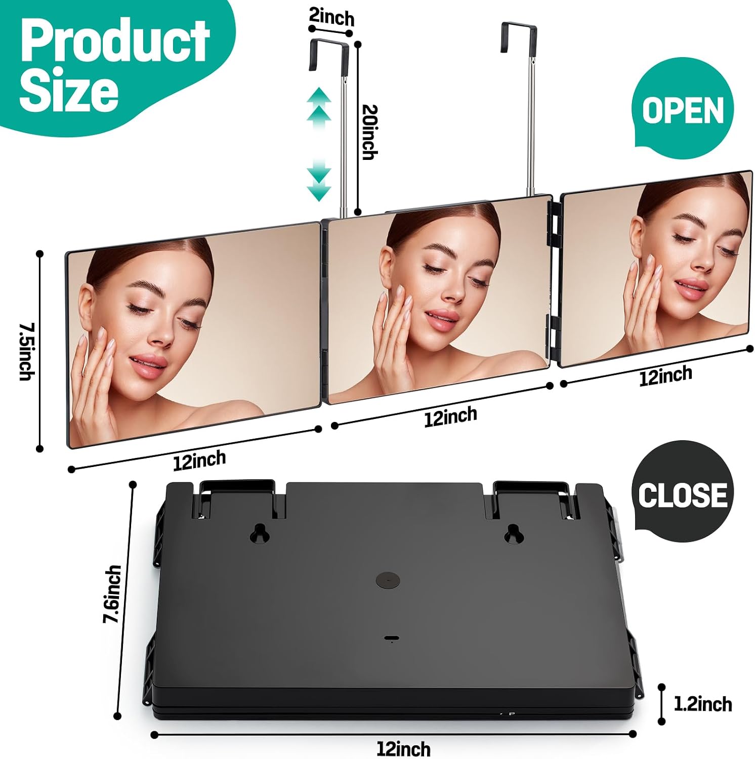 3 Way Mirror for Men & Women - Trifold Self Haircut Mirror, 360° View with Height Adjustable Hooks, HD Glass for Shaving, Makeup, Braiding, Hair Dyeing, Travel Friendly Grooming Tool