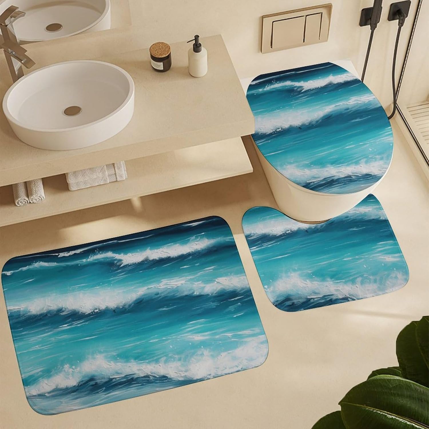 Turquoise Beach Original Seascape Shower Curtain Set 4 Piece, Non-Slip Bath Mat with Toilet Lid Cover and Waterproof Shower Curtain with 12 Hooks, Complete Bathroom Set for Home Decor