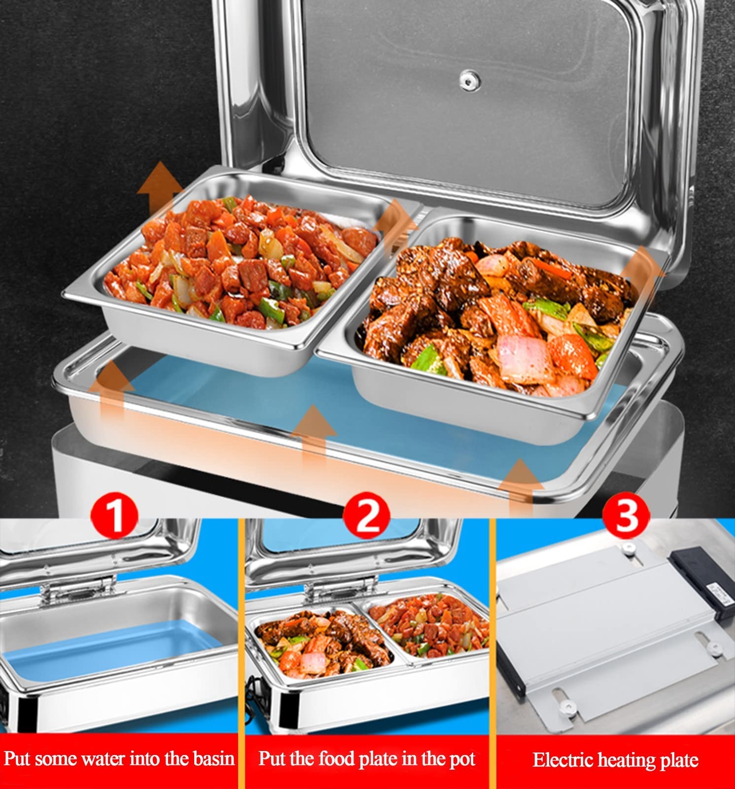 Chafing Dish Buffet Eléctrico, Calentador de Alimentos de Acero Inoxidable con Tapa Transparente, Servidor de Buffet para Boda, Fiesta, Banquete y Catering, GN 1/1, 1/2, 1/3 Opcional, 9L