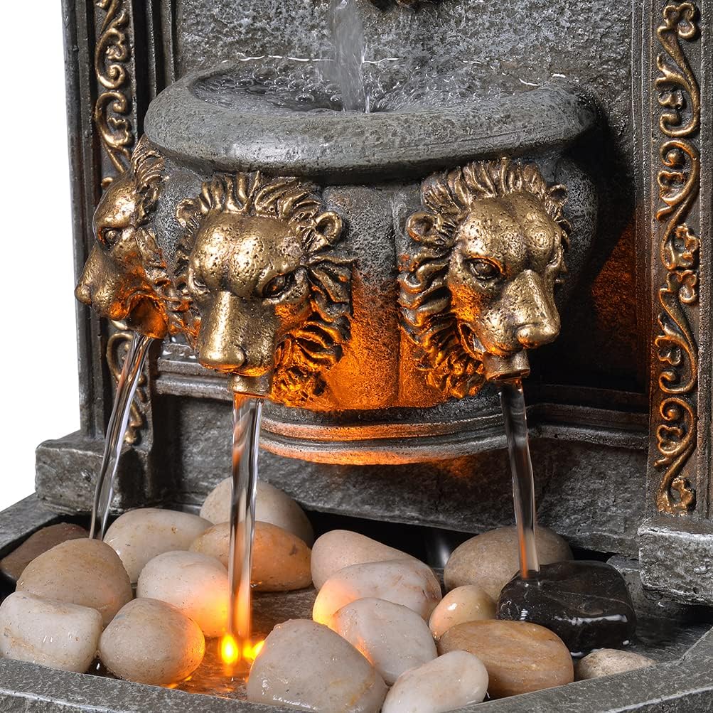 GOSSI 10.3 Inches Tall Tabletop Fountain Classic Lion Head Polyresin Indoor Zen Waterfall Fountain w/Cobblestone Soothing Sounds for Office and Home Decor